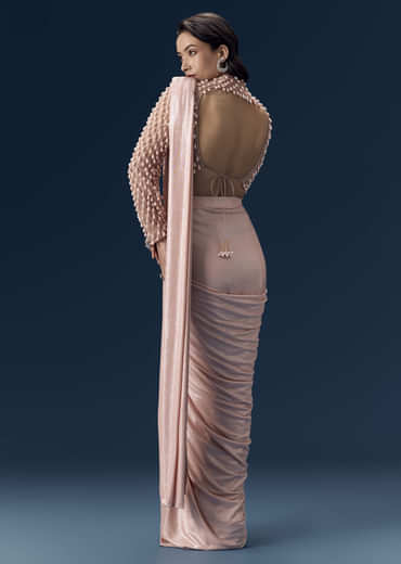 Peach Ready Pleated Saree with Blouse