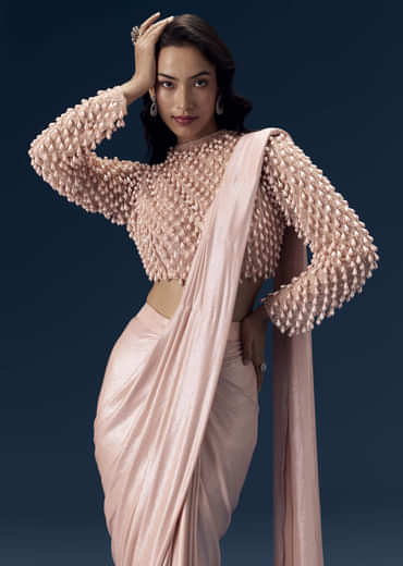 Peach Ready Pleated Saree with Blouse