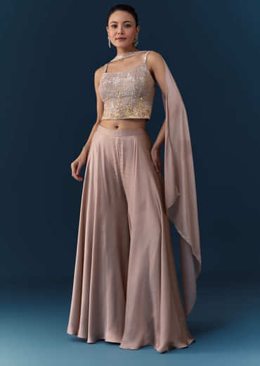 Peach Satin Sequin Work Crop Top Set with Dupatta