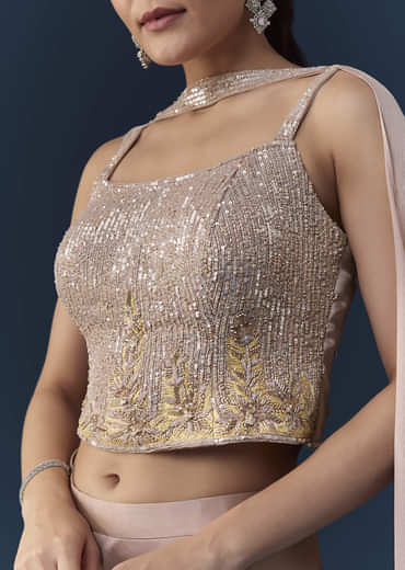 Peach Satin Sequin Work Crop Top Set with Dupatta