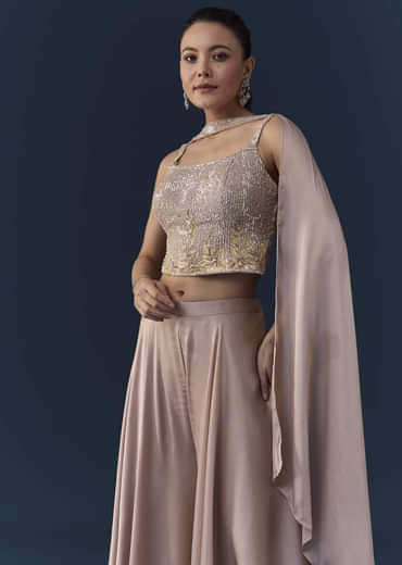 Peach Satin Sequin Work Crop Top Set with Dupatta