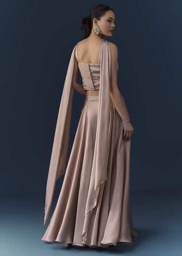 Peach Satin Sequin Work Crop Top Set with Dupatta