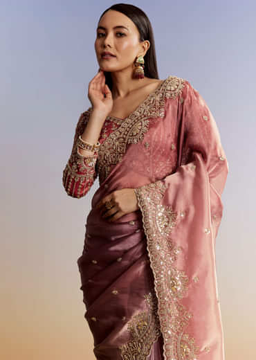 Peach Shaded Tissue Saree With Heavy Embroidered Blouse