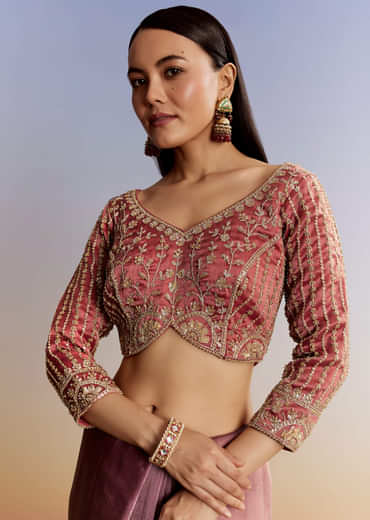 Peach Shaded Tissue Saree With Heavy Embroidered Blouse