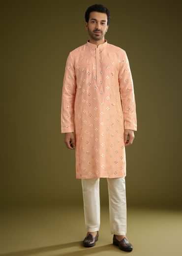Peach Silk Blend Kurta Set With Mirror Work