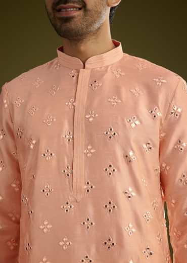 Peach Silk Blend Kurta Set With Mirror Work