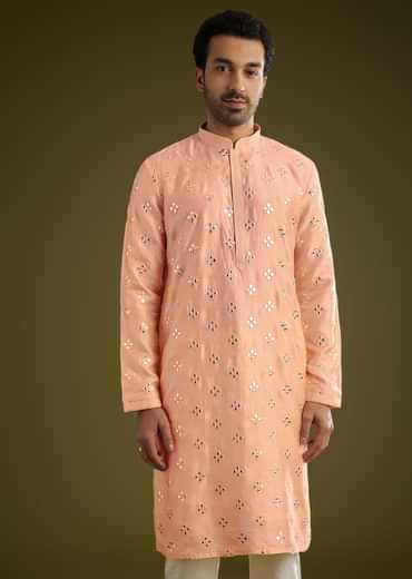 Peach Silk Blend Kurta Set With Mirror Work