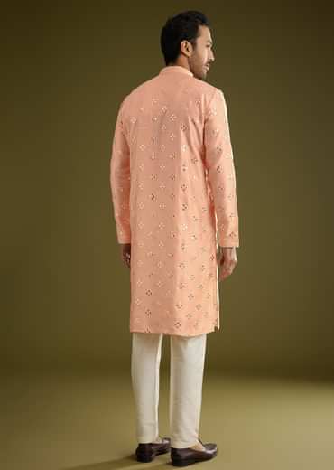 Peach Silk Blend Kurta Set With Mirror Work