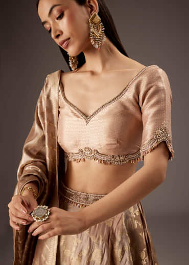 Peach Silk Bridesmaid Lehenga With Embroidered Tassel Blouse And Dupatta