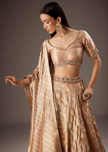 Peach Silk Bridesmaid Lehenga With Embroidered Tassel Blouse And Dupatta