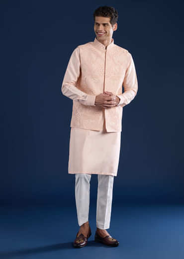 Peach Silk Jacket Kurta Set with Dori Work