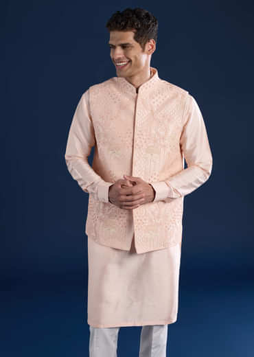 Peach Silk Jacket Kurta Set with Dori Work