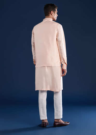 Peach Silk Jacket Kurta Set with Dori Work