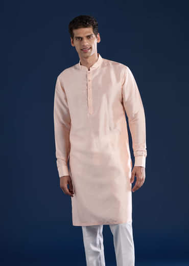 Peach Silk Jacket Kurta Set with Dori Work