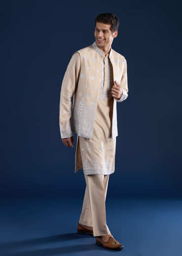 Peach Silk Jacket Kurta Set with Zari Work