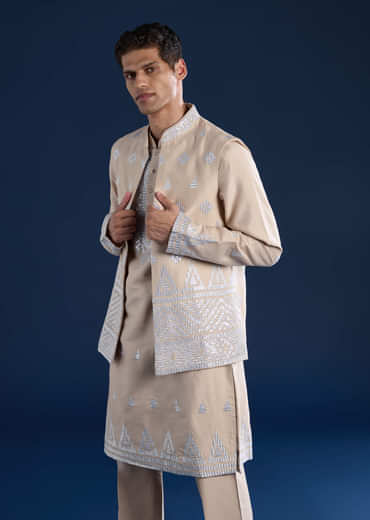 Peach Silk Jacket Kurta Set with Zari Work