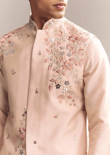 Peach Silk Kurta Jacket Set For Men With Heavy Embroidery