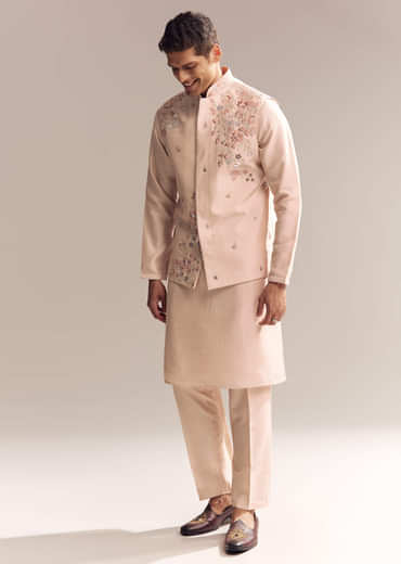 Peach Silk Kurta Jacket Set For Men With Heavy Embroidery