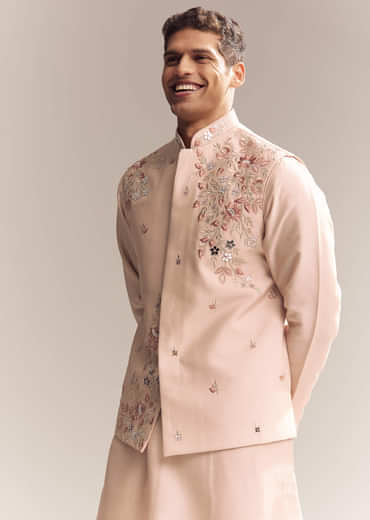 Peach Silk Kurta Jacket Set For Men With Heavy Embroidery