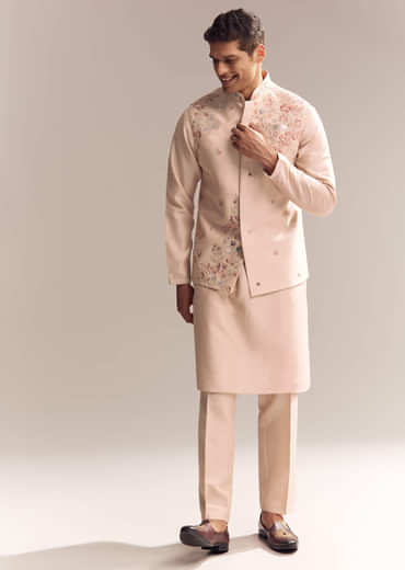 Peach Silk Kurta Jacket Set For Men With Heavy Embroidery