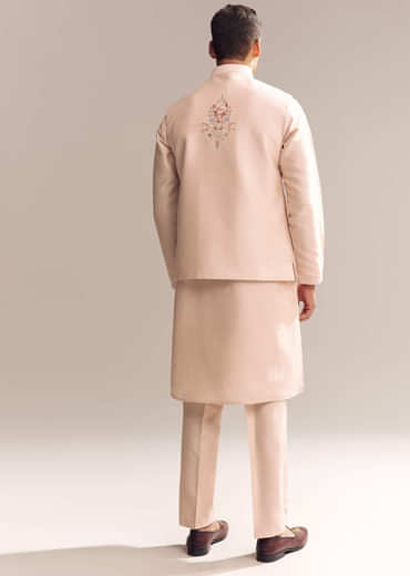 Peach Silk Kurta Jacket Set For Men With Heavy Embroidery