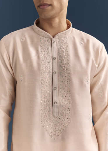 Peach Silk Kurta Set For Men With Thread And Mirror Embroidery