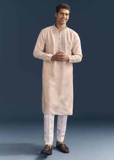 Peach Silk Kurta Set For Men With Thread And Mirror Embroidery