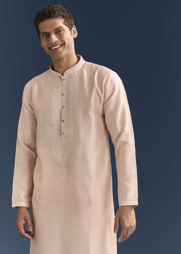 Peach Silk Kurta Set For Men With Thread And Mirror Embroidery