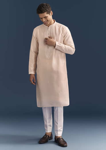 Peach Silk Kurta Set For Men With Thread And Mirror Embroidery