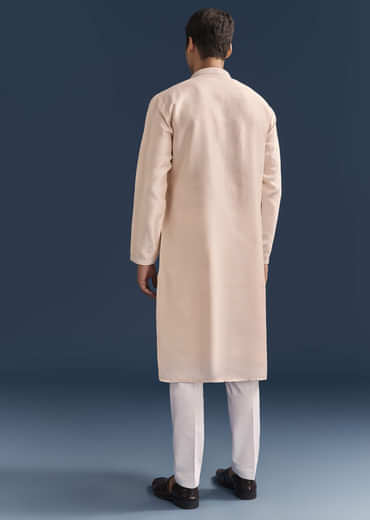 Peach Silk Kurta Set For Men With Thread And Mirror Embroidery