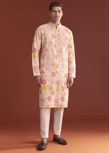 Peach Silk Kurta Set For Men With Thread Work