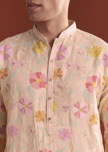 Peach Silk Kurta Set For Men With Thread Work