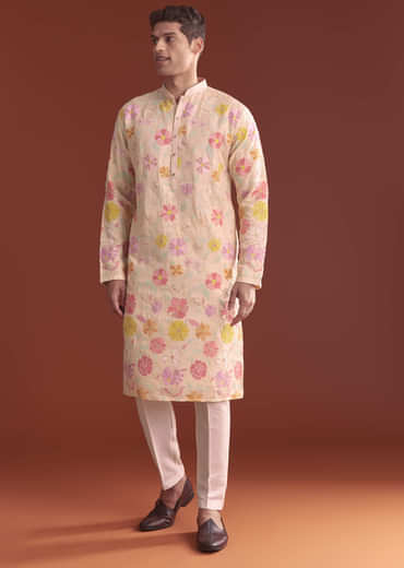 Peach Silk Kurta Set For Men With Thread Work