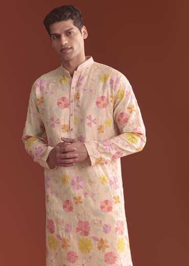 Peach Silk Kurta Set For Men With Thread Work