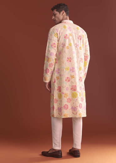 Peach Silk Kurta Set For Men With Thread Work