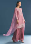 Onion pink Silk Kurta Sharara Suit With Moti Cutdana Work