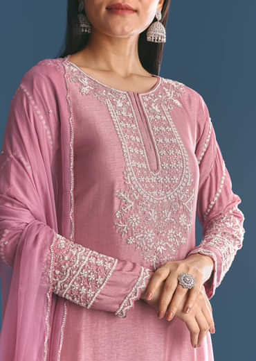 Onion pink Silk Kurta Sharara Suit With Moti Cutdana Work