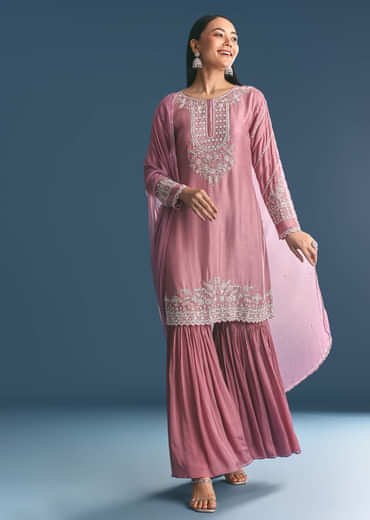 Onion pink Silk Kurta Sharara Suit With Moti Cutdana Work