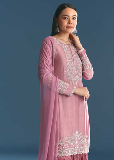 Onion pink Silk Kurta Sharara Suit With Moti Cutdana Work