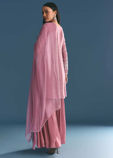 Onion pink Silk Kurta Sharara Suit With Moti Cutdana Work