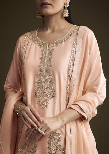 Peach Silk Sharara Suit With Zardosi And Gota Work