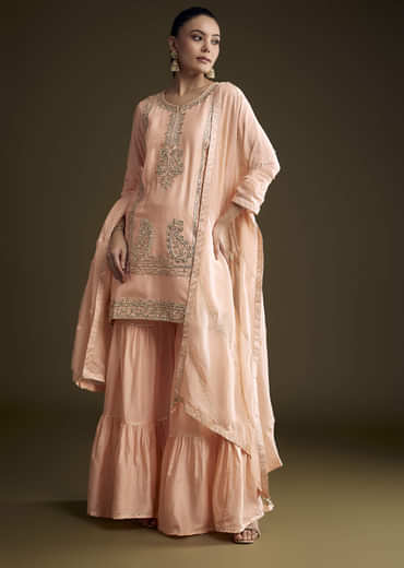 Peach Silk Sharara Suit With Zardosi And Gota Work
