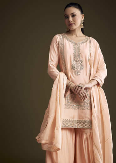 Peach Silk Sharara Suit With Zardosi And Gota Work