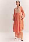 Peach Silk Threadwork Kurta Set With Organza Dupatta