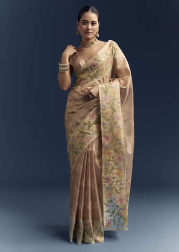 Peach Tissue Chanderi Silk Saree With Floral Resham Work