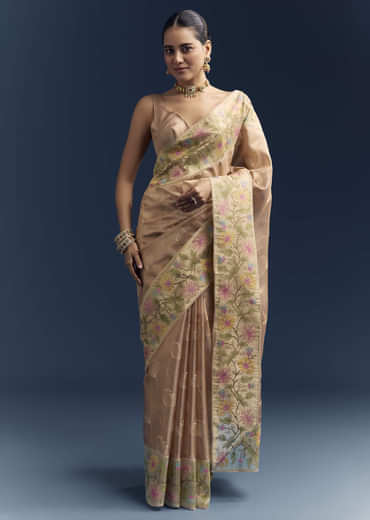 Peach Tissue Chanderi Silk Saree With Floral Resham Work