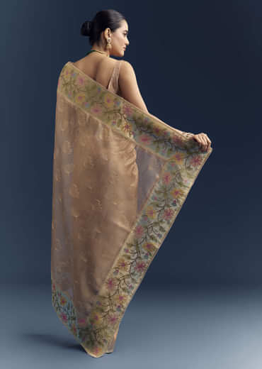 Peach Tissue Chanderi Silk Saree With Floral Resham Work