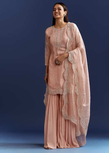 Peach Tissue Cutdana Kurta With Stone Work Dupatta In Tissue