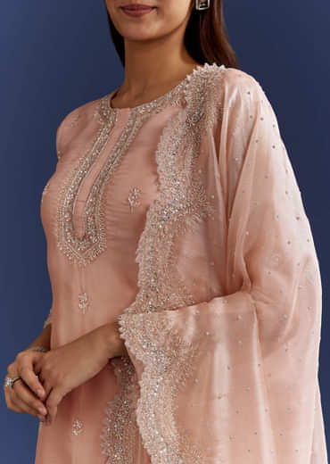 Peach Tissue Cutdana Kurta With Stone Work Dupatta In Tissue