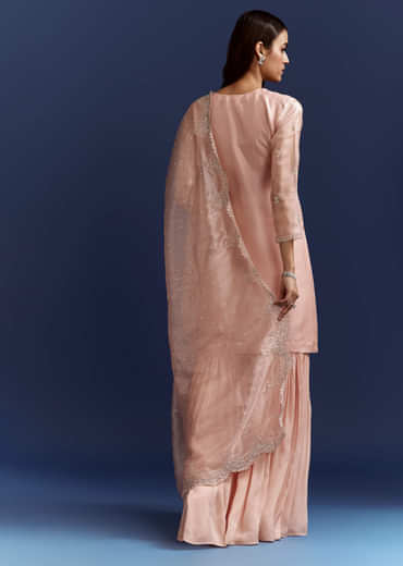 Peach Tissue Cutdana Kurta With Stone Work Dupatta In Tissue